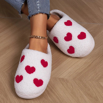 Women's Warm Lambswool Slippers Heart Printed Plush Home Slippers Shoes for Women Non Slip Soft Bottom Slides Ladies