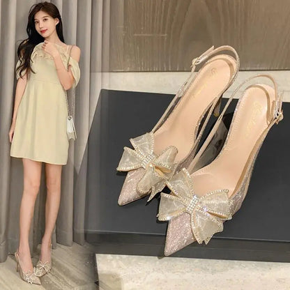 Footwear Closed Sandals for Women Thin Heels Ladies Shoes Stiletto Summer Diamond Bow Silver Rhinestones Pointed Toe Sandal