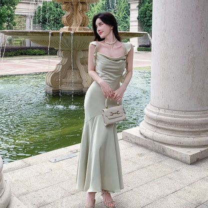 Elegant Fashion Sleeveless Satin Long Dresses for Women Summer New Beach Strap Ruffle Mermaid Evening Party Female Clothing