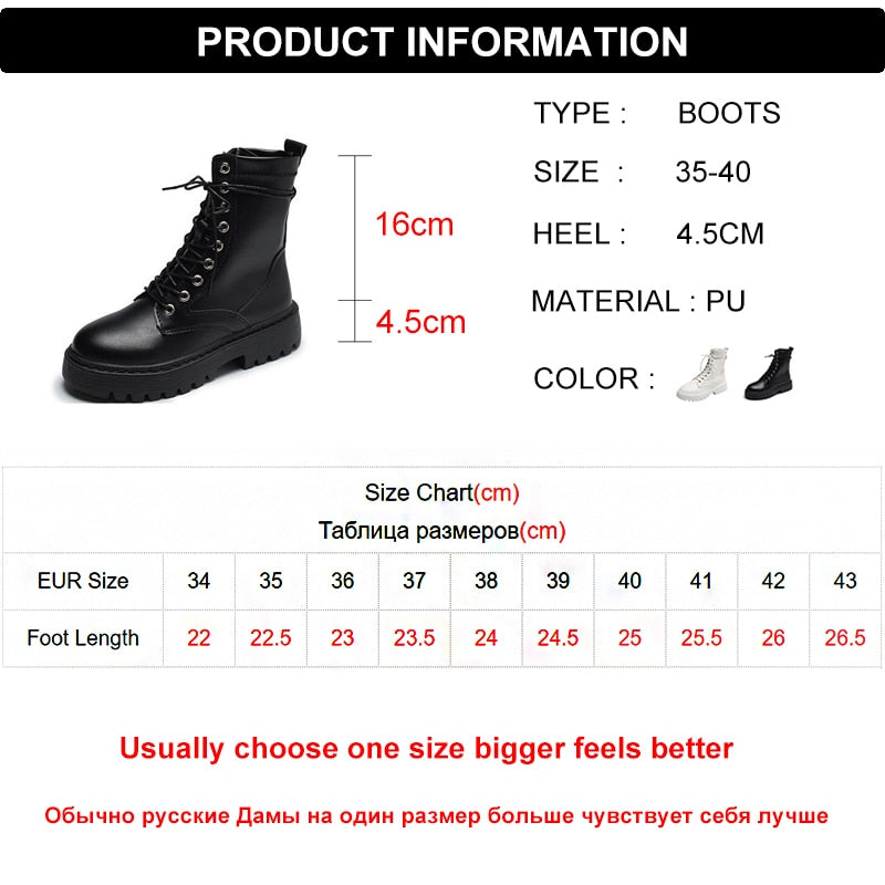 White Black PU Leather Ankle Boots Women Autumn Winter Round Toe Lace Up Shoes Woman Fashion Motorcycle Platform