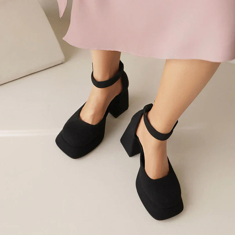 Striped Corduroy Material With Side Hollowed Out Women's Sandals Round Flat Toe Platform Shallow Square Buckle High Heels