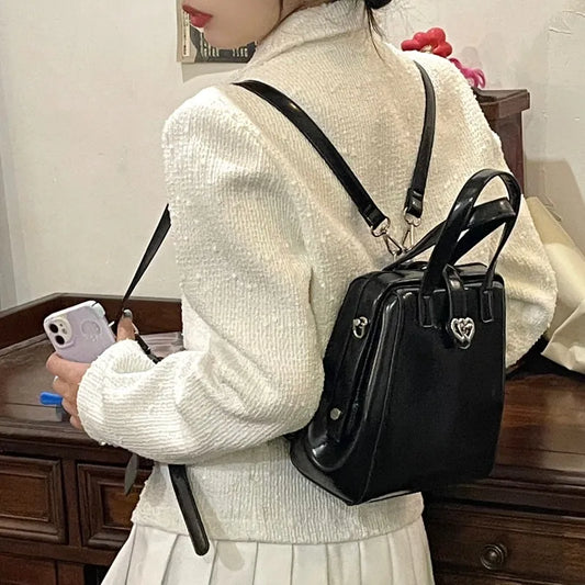 binfenxie Y2k College Style Women‘s Handbag Heart Lock Buckle Trapezoid Sweet Cool Backpack Advanced Pu Fashio Black Messenger Bags