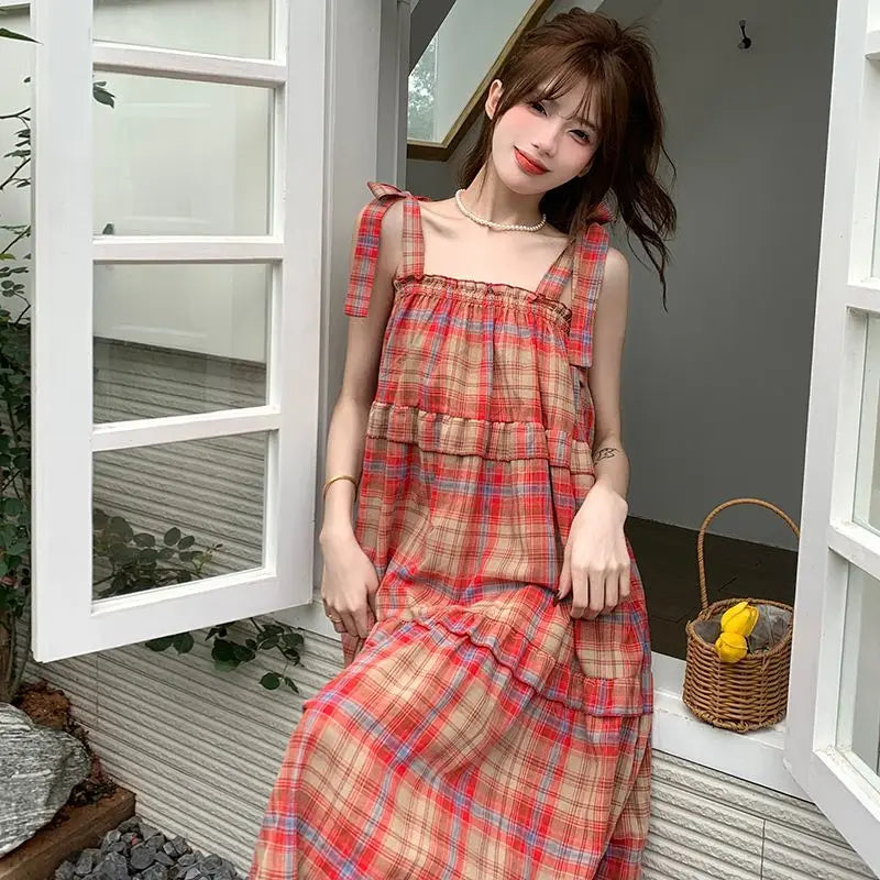 Vintage Plaid Dresses Women Ruffles Sweet French Style Bandage Loose Casual Girlish Summer New Ins Aesthetic Temperament Ulzzang