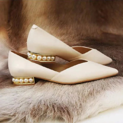 Women's Summer Footwear Pearl Pointed Toe Shoes for Woman White Moccasins Low Heel Elegant on Offer E Fashion Korean Style