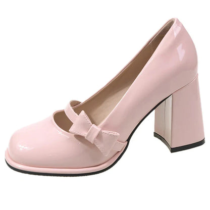 binfenxie  -    High Heels Mary Janes Women Cute Round Toe Patent Leather Pumps Woman Slip-On Square Heeled Bow Party Shoes Ladies