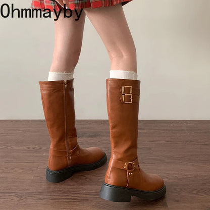 Vintage Women Knee High Boots Fashion Side Zippers Belt Buckle Shoes Autumn Winter Ladies Knight Long Booties