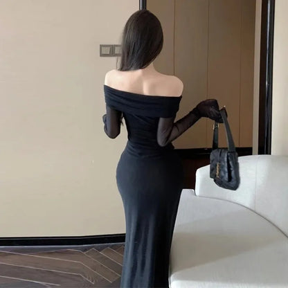 Women Black Sexy Long Dress Off Shoulder Elegant Irregular Ruffles Split Evening Party Dresses Bodycon Gothic Lace Dress