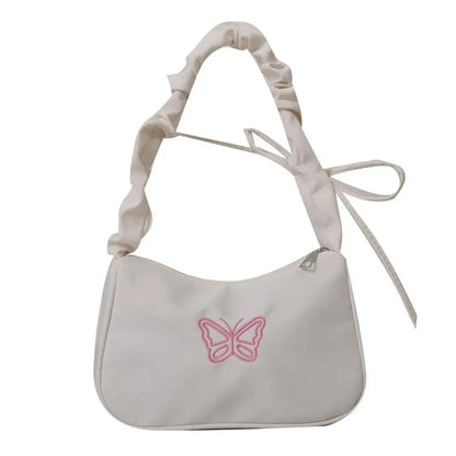 binfenxie Embroidery Bowknot Butterfly Shoulder Bag Y2k Style Ruffle Handle Nylon Bow Tote Bag Makeup Lipstick Bag Handbag