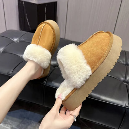 Shoes Woman Plush Slippers For Adults Low Pantofle Platform Fur Flat New Hoof Heels Cotton Fabric Rubber Rome Basic Slides