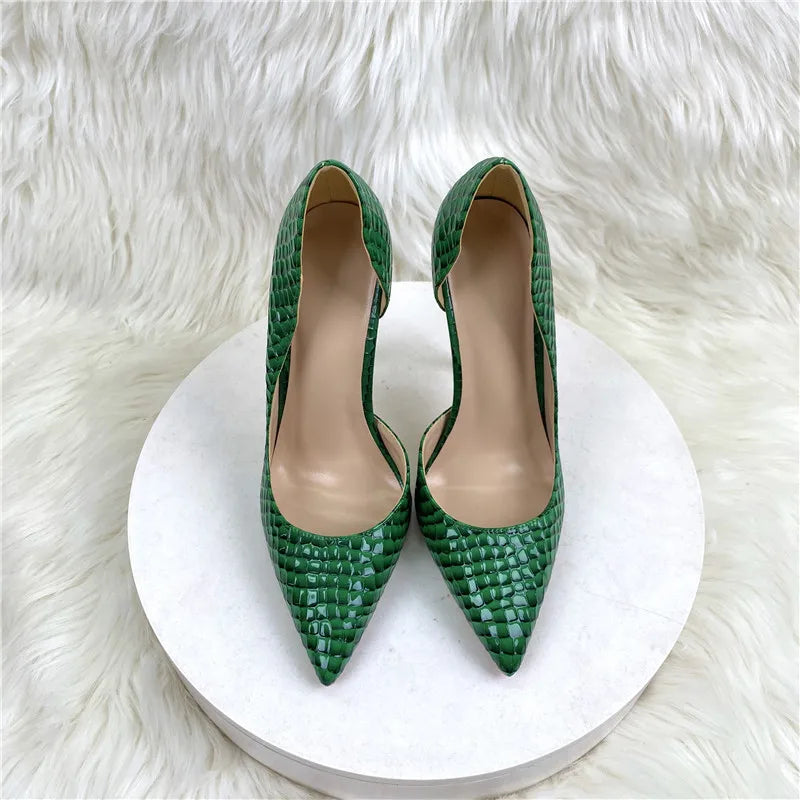 Futurecen  Green Croc-Effect Women D'Orsay Inisde Cut Pointed tOe Stiletto Pumps Sexy Ladies Party Night Club High Heel Shoes