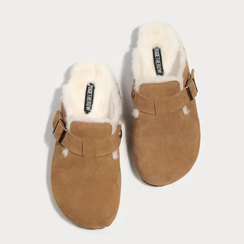 Women Slippers Winter Fur Flats Short Plush Mules Shoes New Women Platform Cotton Shoes Suede Home Flip Flops Warm Shoes