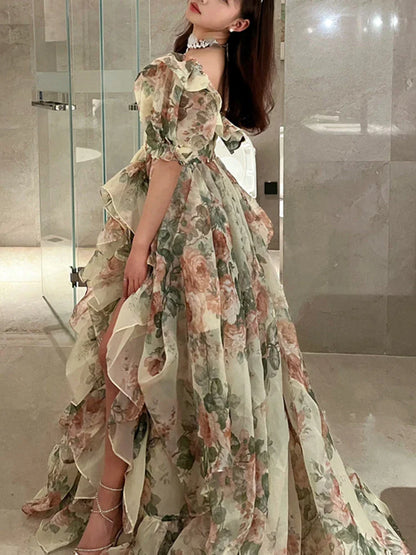 Ruffleds Floral Long Dresses for Women Summer Casual Short Sleeve Elegant Party Korean Chic Holiday Sweet Female Clothing