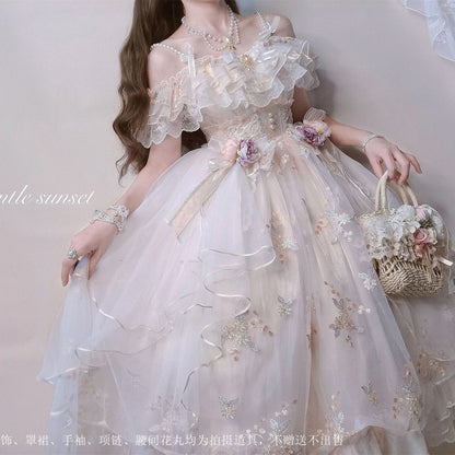 Lolita Dress For Grils Kawaii Bow Lace White Cascading Ruffl  Fairy Dresses JSK Straps Birthday Party Quinceanera Dresses Suit