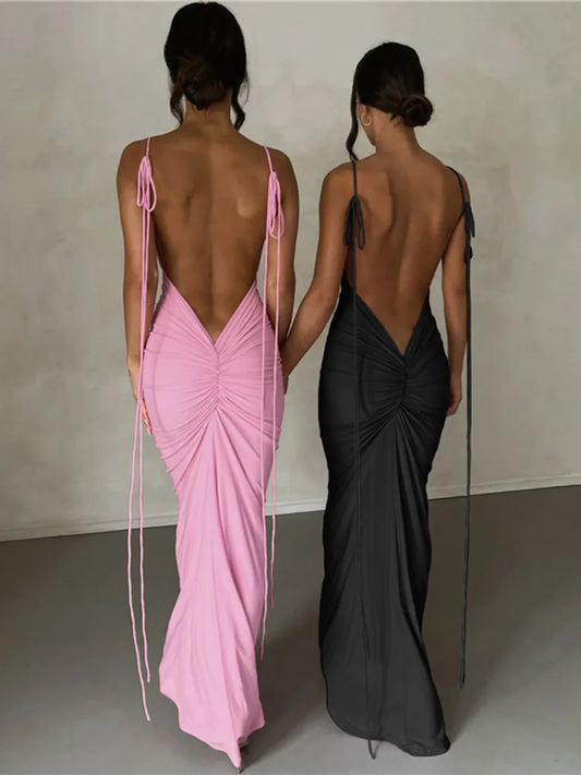 Spaghetti Strap Backless Ruched Maxi Dress For Women Robe Sleeveless Wrap Hip Bodycon Party Long Dress Vestidos