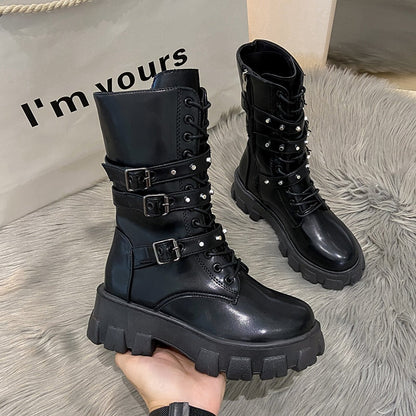 Goth Boots Woman Winter WOMEN ANKLE BOOTS Platform Shoes Sneakers Studded Belt Buckle Punk Army Chunky Heels Mid Calf Boots