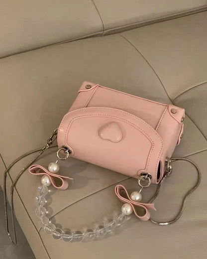 binfenxie Sweet Pink Messenger Bag Women Fairycore Aesthetic Handle Pearl Chain Crossbody Bags Ladies Harajuku Heart Y2k Hand Bag