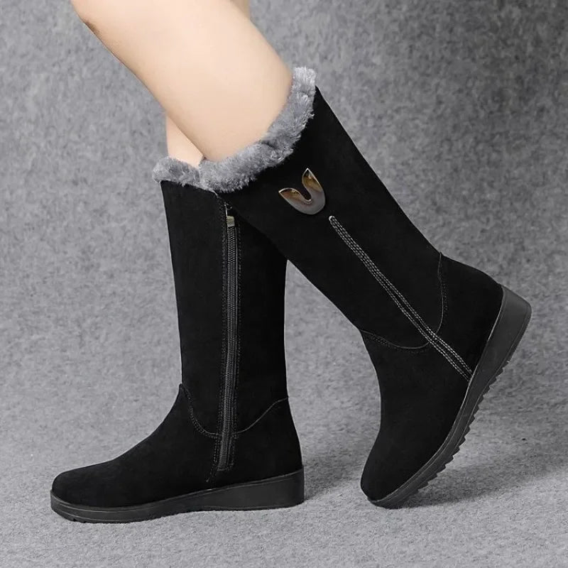 Winter Warm Chelsea High Fur Boots Women  Shoes for Women Chunky Mid-calf Plush Snow Flat Boots ZIP Fashion Botas Mujer