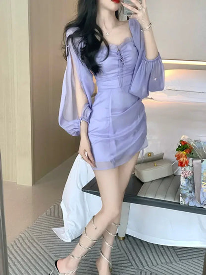 binfenxie Purple Fairy One Shoulder Dress Women New Summer Dress Waist Design Chiffon Ruffled Gauze Skirt Hip Skirt Women Clothing