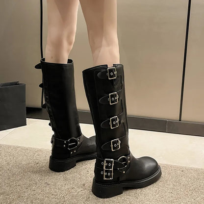 Fashion Belt Buckle Motorcycle Long Boots Women Punk Pu Leather Knee High Botas Woman Black Brown Plus Size Knight Combat Boots