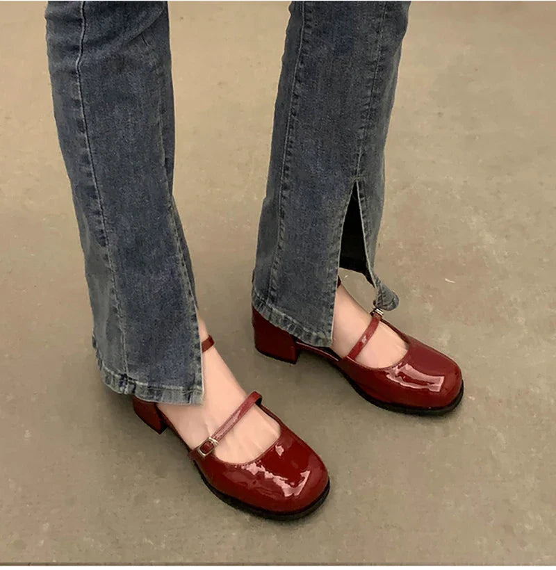 Futurecen New Mary Jane Shoes Buckle Pumps Women Thick Heels Elegant Shallow Square Toe Footwear Party Office Lady Leather Shoes