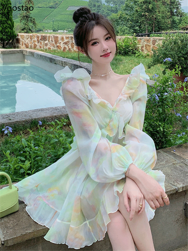 binfenxie France Sweet Tie-dyed Fairy Dress Women Elegant Chic Ruffles V-Neck Long Sleeve Princess Dresses Female Casual Beach Vestidos