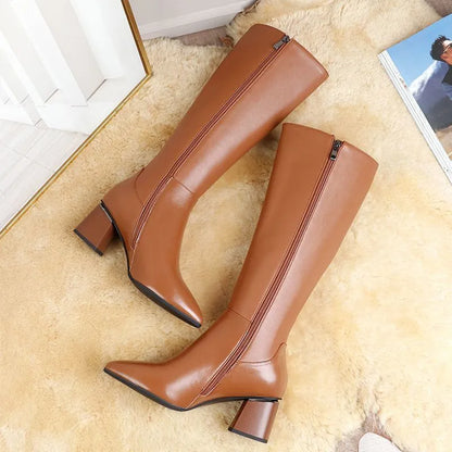 Shoes for Woman Long Winter Knee High Shaft Footwear Leather Women's Boots Fur Brown Pointed Toe Chic and Elegant Fashion