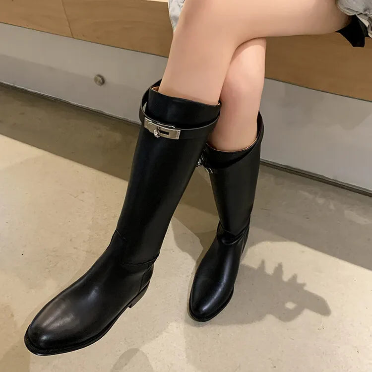 Luxury Brand Women Genuine Leather Riding Boot Kneehigh Equestrian Designer Shark Lock Boot Winter Shoe 33-42