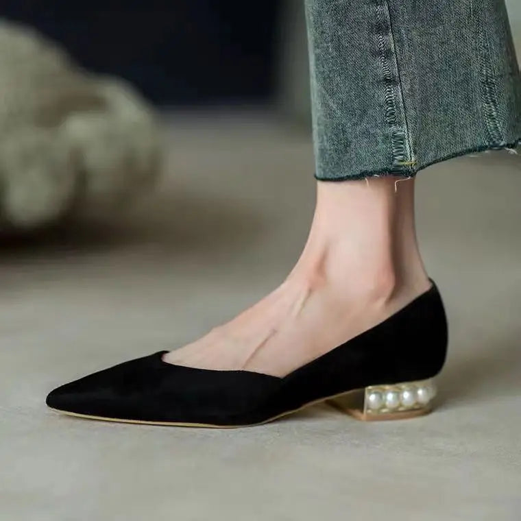 Women's Summer Footwear Pearl Pointed Toe Shoes for Woman White Moccasins Low Heel Elegant on Offer E Fashion Korean Style