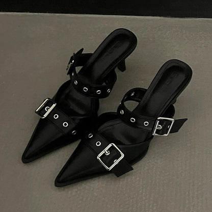 Punk Goth Metal Buckle High Heels Sandals Women Summer Pointed Toe Silver Party Shoes Woman Korean Style Thin Heels Sandals