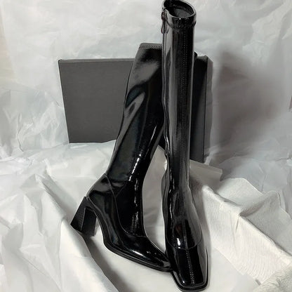 Patent Leather High Heels Long Boots Women  Autumn Square Toe Knee-high Botas Woman Side Zipper Thick Heeled Shoes Female