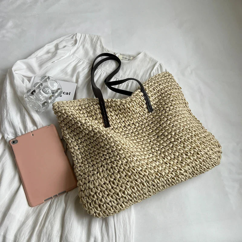 binfenxie Luxury Design Straw Woven Tote Bags For Women Large Capacity Shoulder Beach Bag Pure Color Summer New Big Shopping Handbag