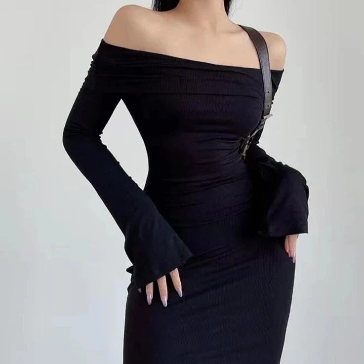 binfenxie Long Dress Y2K Long Sleeve Dress Women Clothes Off Shoulder Maxi Dress Autumn Winter Streetwear Bodycon Trumpet Black Dress