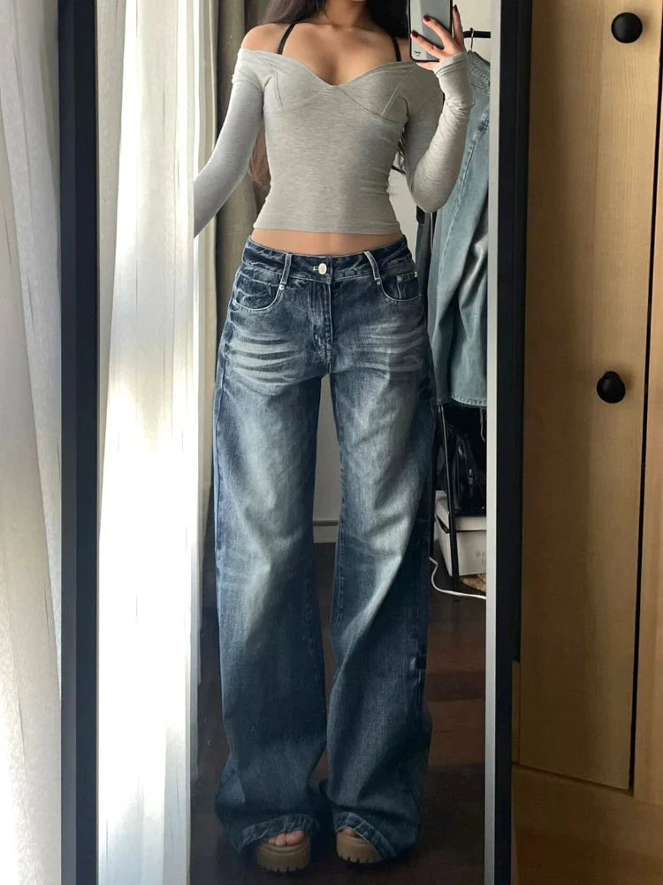 binfenxie Y2k Vintage Baggy Wide Leg Jeans for Women Washed Casual High Waist Loose Denim Pants Streetwear Korean Flared Trousers