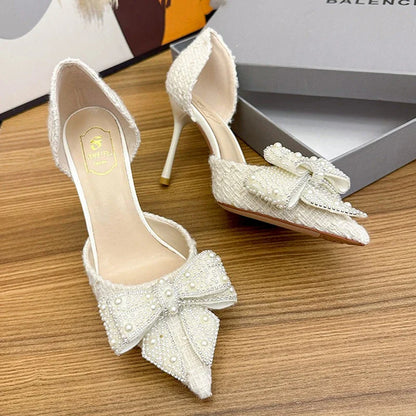 Luxury Pearl Crystal Bowtie White Wedding Shoes Women Spring Brand Designer High Heels Pumps Woman Thin Heeled Party Shoes