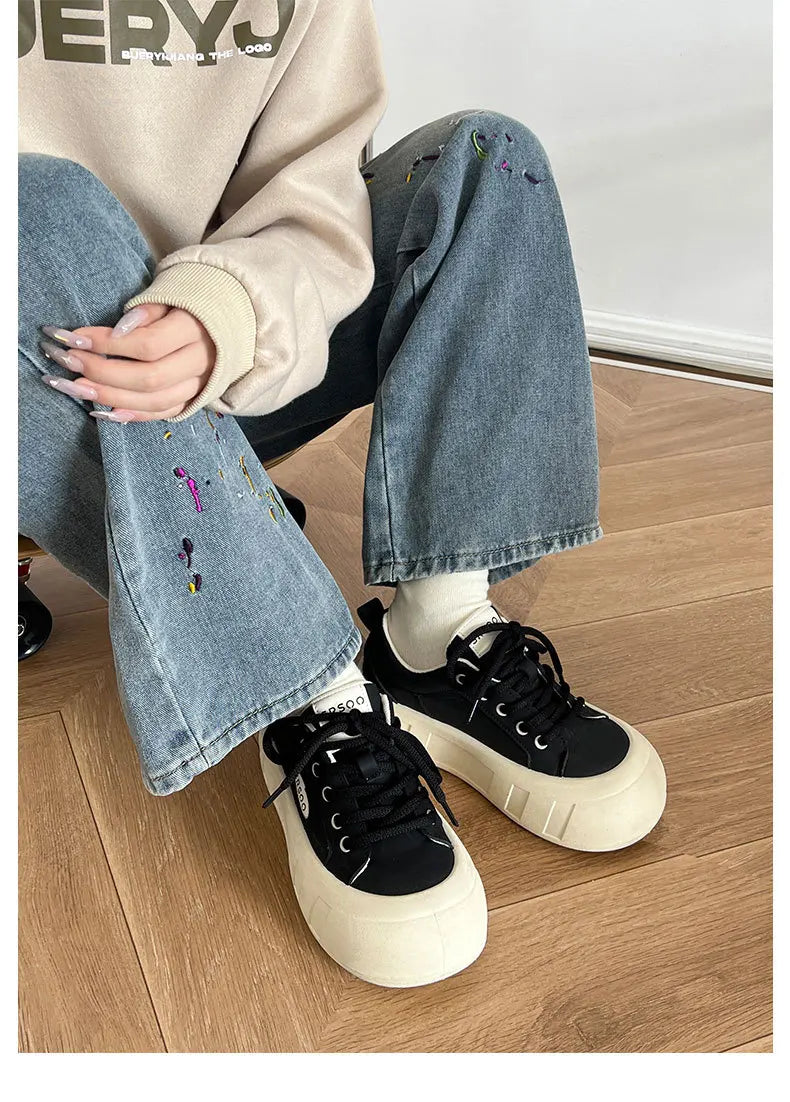 binfenxie Women Little White Shoes Advanced Versatile Thick Bottom Casual Sneakers  New Solid Color Lace-up Sports Board Shoes Women