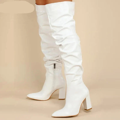 Winter Women Over-the-Knee Boots Punk Style Square High Heel Zipper Shoes Pleated Pointed Toe Ladies Long Booties