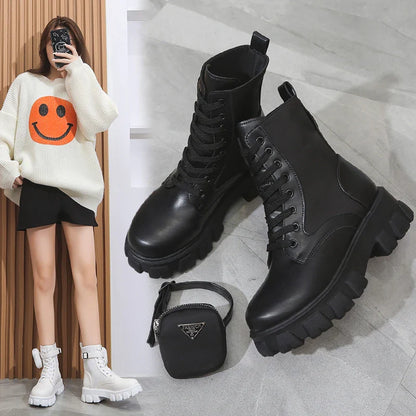 Fashion White Punk Ankle Platform Motorcycle Boots Women Lace Up Chunky Heel Belt Buckle Pocket Designer Shoes Women Boots