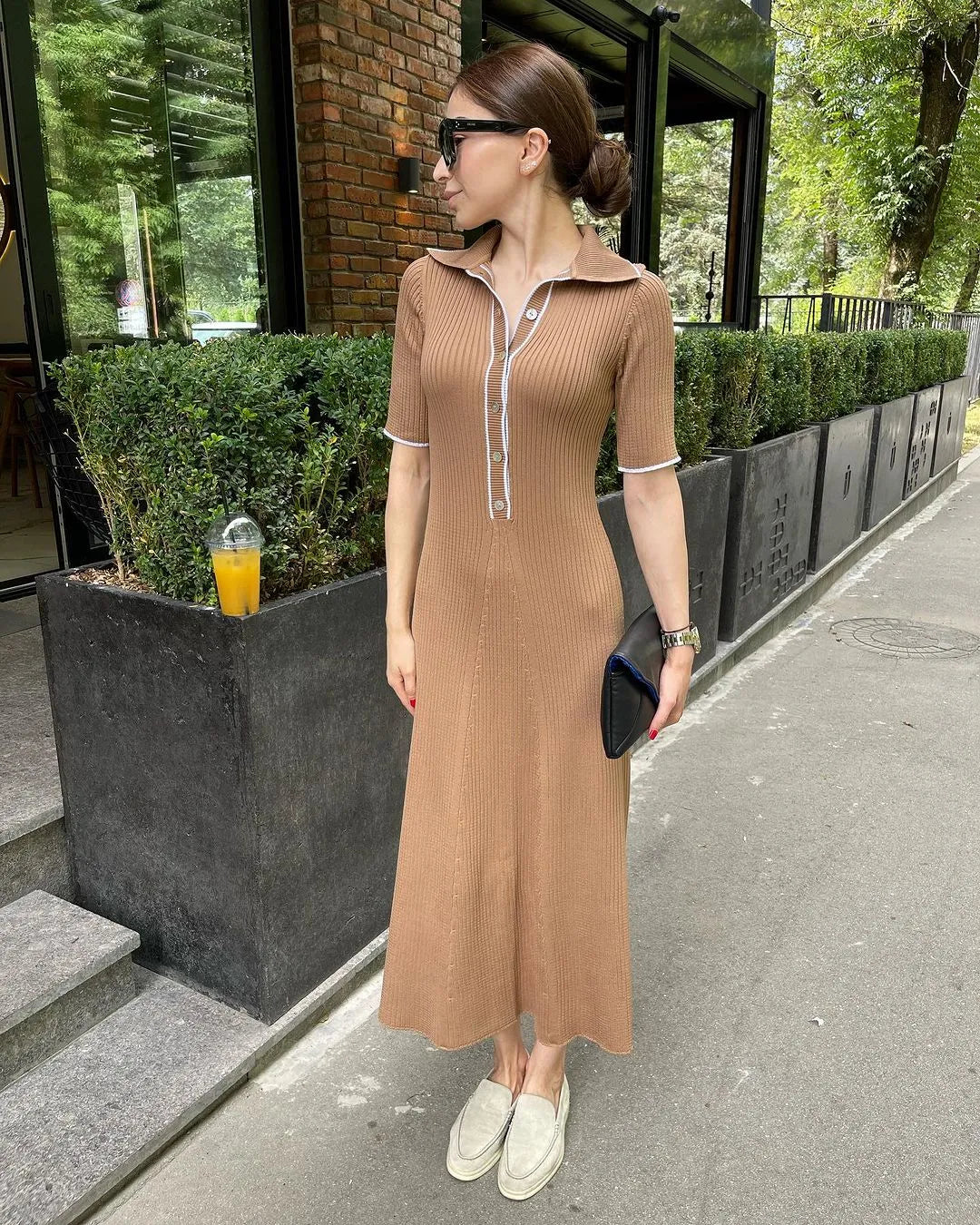 Elegant Solid Buttons Knitted Maxi Dress Women Slim Lapel Short Sleeve Ribbed Dresses Summer Female Chic Streetwear Robe