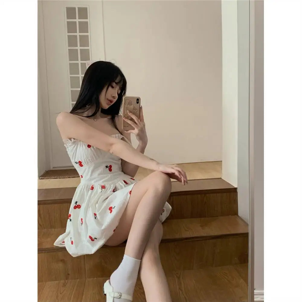 binfenxie White Suspender Dress Summer New Cherry Print Slim High Waist Short Skirt Sleeveless Sexy Female Sling Dress