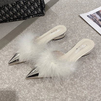 Pointy Mule Shoes Women's Fluffy  Summer Dress Elegant Slingback Sandals Party Slide Simple and Shallow Cut Style