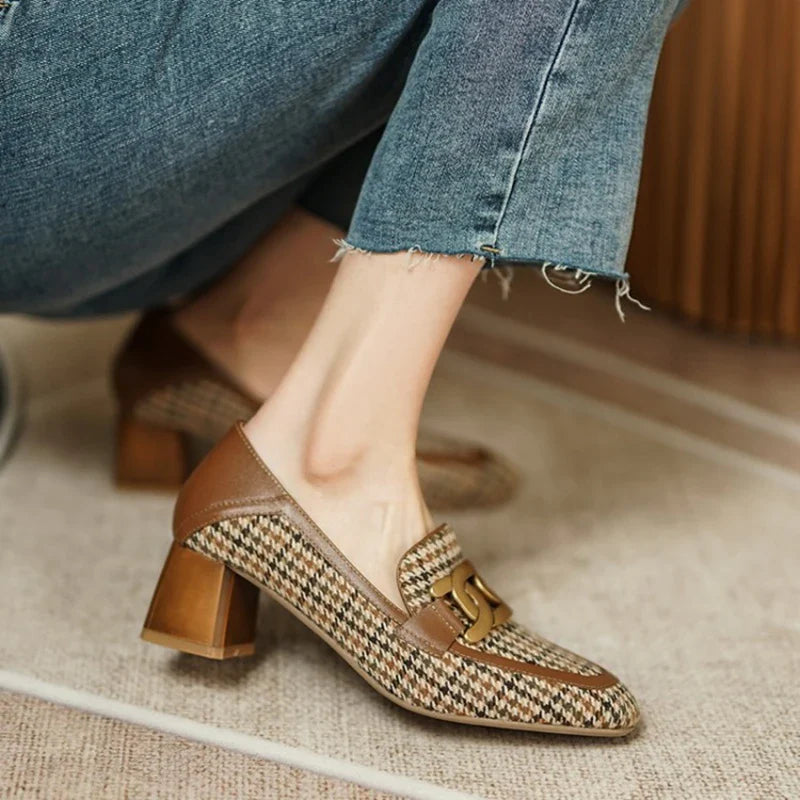 Futurecen  -  Women Loafers Square Toe Chunky Heel Shoes for Women Spring Women Shoes Lattice Women Pumps Cow Leather Handmade Shoes