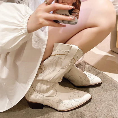 White Cowboy Boots for Women Embroidery Pointed Toe Mid Calf Botas Female Slip On Thick Heels Cowgirl Boots Woman 42