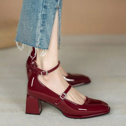 Women's Summer Footwear on Heeled Shoes for Woman Japanese Style Lolita Mary Jane Red Bride Square Toe High Heels Gothic 39