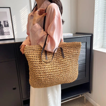 binfenxie Luxury Design Straw Woven Tote Bags For Women Large Capacity Shoulder Beach Bag Pure Color Summer New Big Shopping Handbag