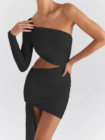 One-Shoulder Oblique Shoulder Halter Woman Dress One-Sleeve Transparent Sexy Elastic Tight-Fitting Dress Praty Evening