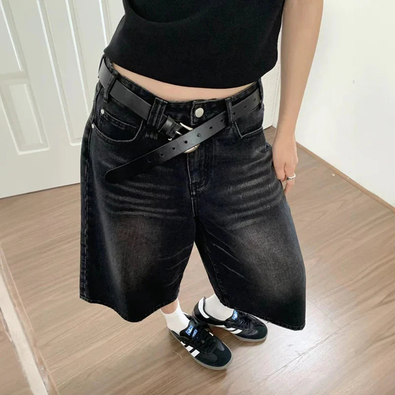 binfenxie Women Black Y2k Style Baggy Denim Shorts Wide Leg Short Pants Fashion High Waisted Dark Wash Knee Length Jeans Female Casual