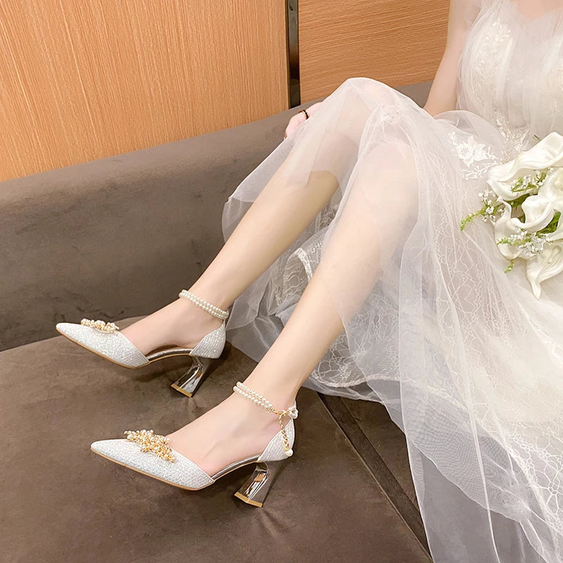 Ladies Shoes on Sale New Fashion Pointed Metal Beaded Solid Women's High Heels Summer Leisure Banquet Women Wedding Pump