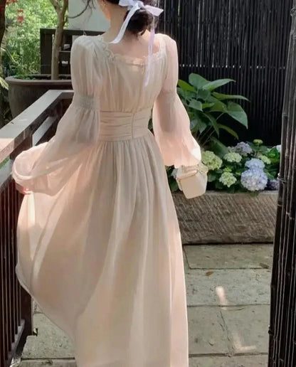 French Elegant Bandage Evening Party Midi Dresses Spring Long Sleeve Princess A-line Vestidos Korean Autumn Slim Waist Clothes