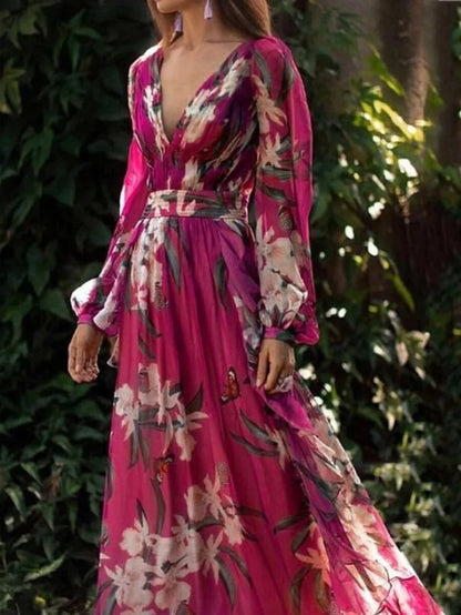 binfenxie  -   Flower Print Maxi Dresses Women Party Dress Elegant Lantern Sleeve Long Dress Female Autumn New