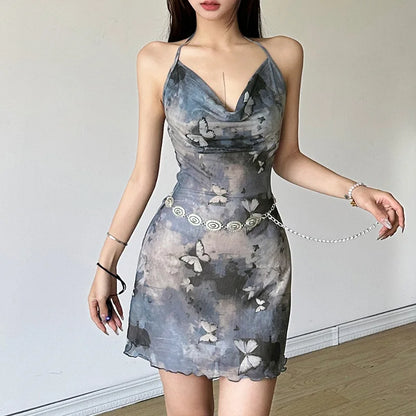 binfenxie Summer New Women's Solid Color Slim Fit High Waist Fashion V-neck Butterfly Print Hanging Neck Open Back Dress